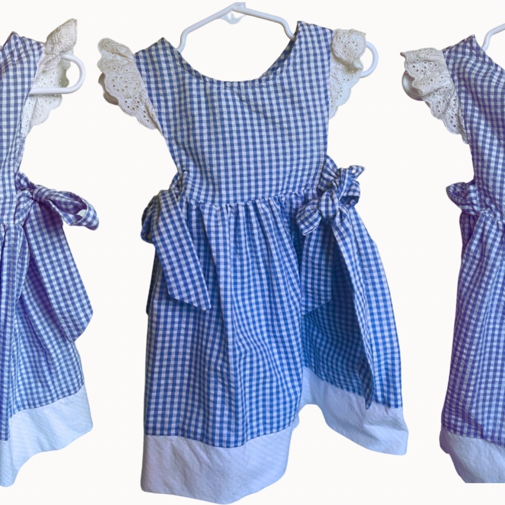 Blue Gingham Dress with Lace Details and Double Ties Size 2T